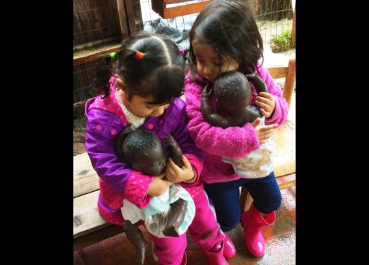 Girls hugging their baby dolls